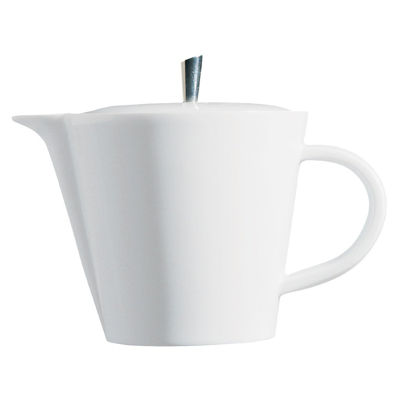 A white porcelain teapot with a modern design and a silver-colored spout tip.