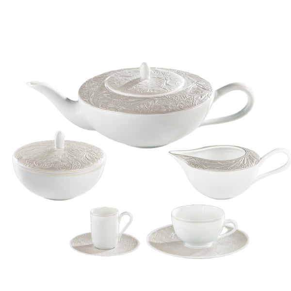 Italian Renaissance Irisé Pearl Grey 15-piece tea/coffee set by Raynaud, Limoges porcelain with arabesques, pearl grey iridescence, and platinum accents.