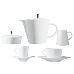 A set of white porcelain dinnerware, including cups, saucers, a pot, and a sugar bowl, arranged against a white background.
