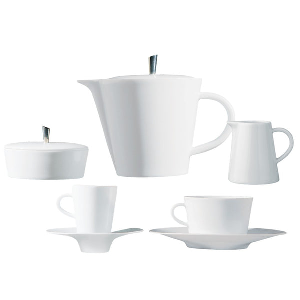 A set of white porcelain dinnerware, including cups, saucers, a pot, and a sugar bowl, arranged against a white background.