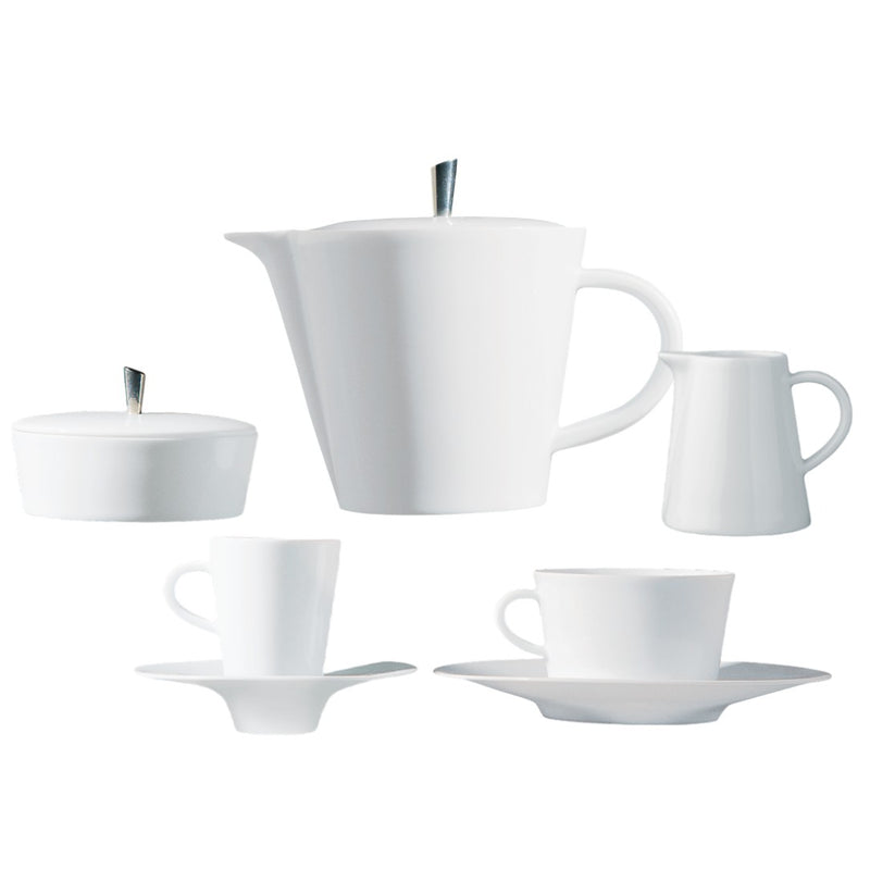 A set of white porcelain dinnerware, including cups, saucers, a pot, and a sugar bowl, arranged against a white background.