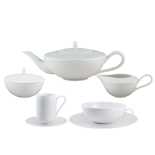 Uni Collection of porcelain showing a tea pot, sugar pot, espresso cup and saucer, tea cup and saucer and a milk jug.