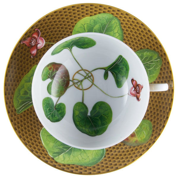 Top view of the Luxury Limoges porcelain tea cup and saucer chestnut with floral leaf design