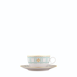 Tea Cup and Saucer Carlo Este by FÜRSTENBERG in fine porcelain with gold and green mosaic-inspired design by Carlo Dal Bianco.