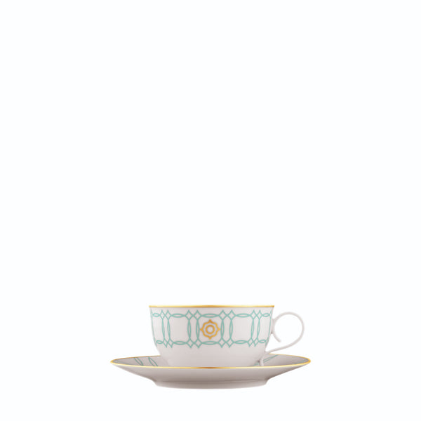 Tea Cup and Saucer Carlo Este by FÜRSTENBERG in fine porcelain with gold and green mosaic-inspired design by Carlo Dal Bianco.