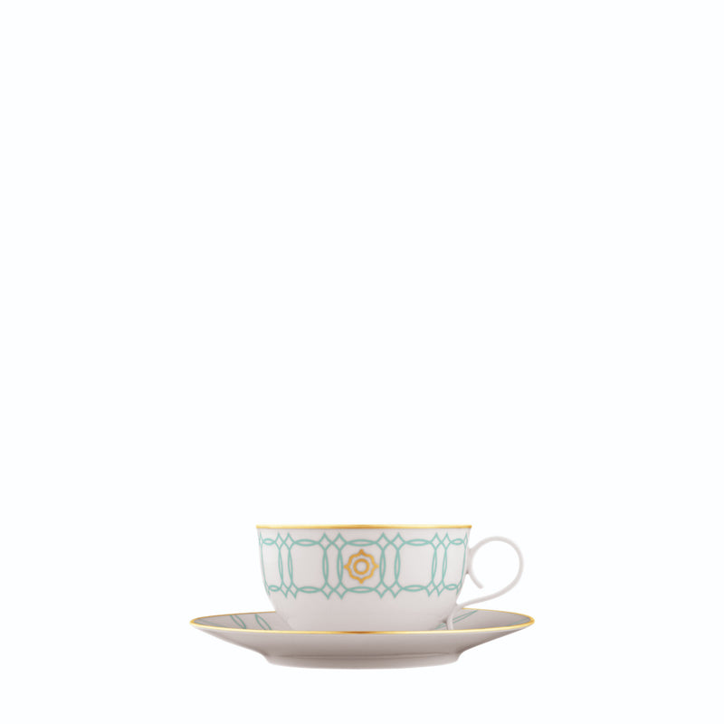 Tea Cup and Saucer Carlo Este by FÜRSTENBERG in fine porcelain with gold and green mosaic-inspired design by Carlo Dal Bianco.