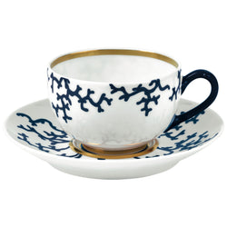 Tea Cup and Saucer Cristobal Marine porcelain by Raynaud with marine blue coral motifs and gold accents