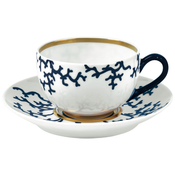 Tea Cup and Saucer Cristobal Marine porcelain by Raynaud with marine blue coral motifs and gold accents