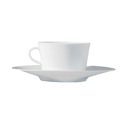 A white porcelain cup with a wide rim, accompanied by a matching saucer, presented against a white background.