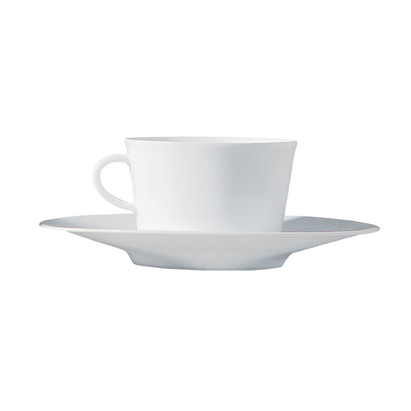 A white porcelain cup with a wide rim, accompanied by a matching saucer, presented against a white background.