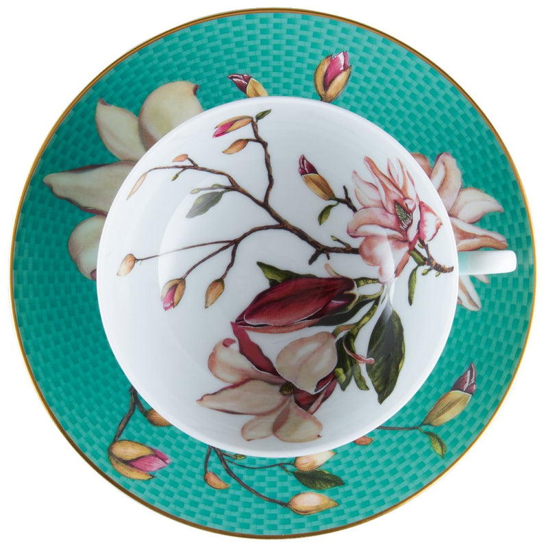Top view of the Tea cup and saucer magnolia motif from Trésor Fleuri collection Raynaud