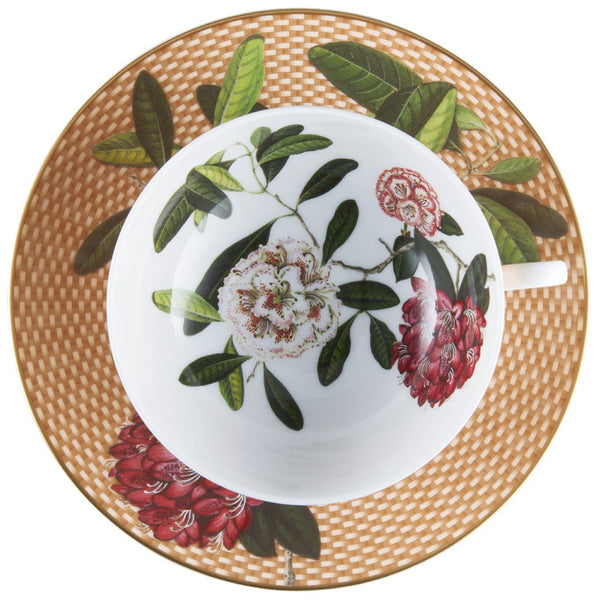 Top view of the Raynaud porcelain tea cup and saucer Trésor Fleuri with rhododendron motif