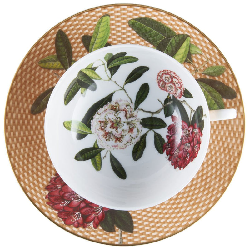 Top view of the Raynaud porcelain tea cup and saucer Trésor Fleuri with rhododendron motif