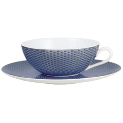 Raynaud Trésor Bleu Limoges porcelain tea cup and saucer in cobalt blue with platinum honeycomb design