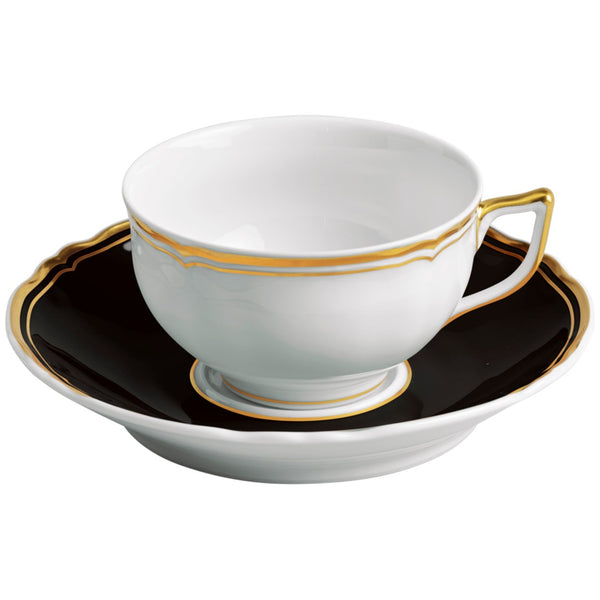 Elegant raynaud mazurka gold and black tea cup and saucer in porcelain with gold trim
