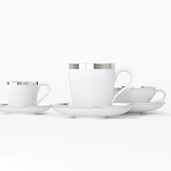tea cups all sizes Stella Platinum porcelain by SIEGER by FÜRSTENBERG, handcrafted in Germany with elegant platinum detailing for refined tea service.