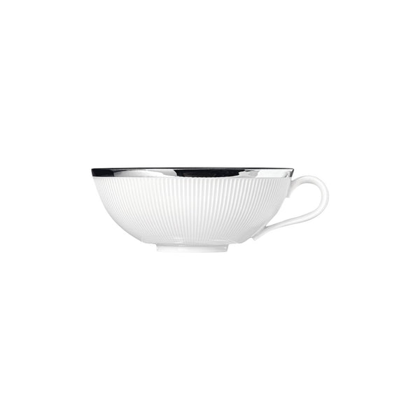 A white porcelain tea bowl with a platinum finish and a handle, presented against a plain background.