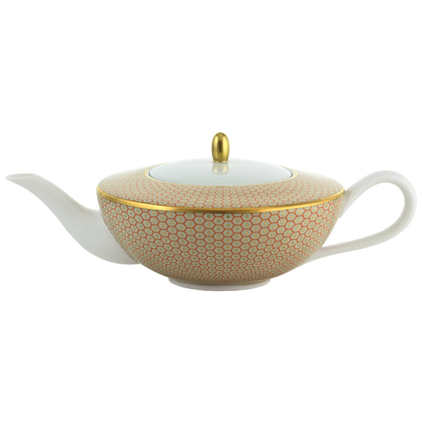 Raynaud Trésor orange patterned porcelain tea pot with gold-accented honeycomb design