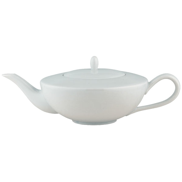 A white porcelain tea pot with a curved handle and spout cap, against a plain background.