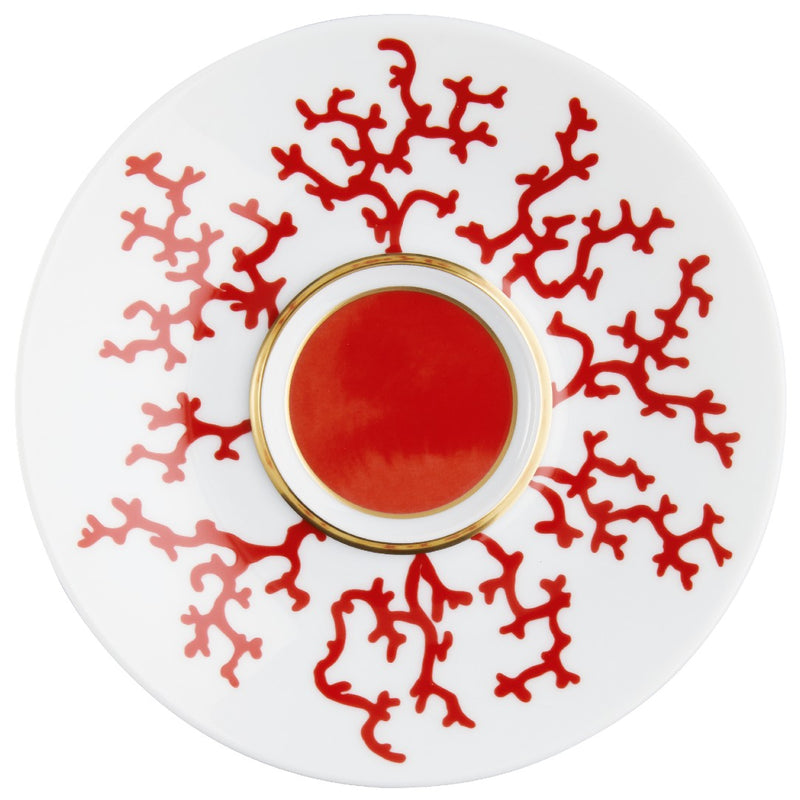 Luxury porcelain tea saucer Cristobal Rouge red coral motif with gold accents by Raynaud
