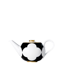 A white, black, and gold 1.2l porcelain teapot with a geometric pattern and a gold finish on the handles and spout cap.