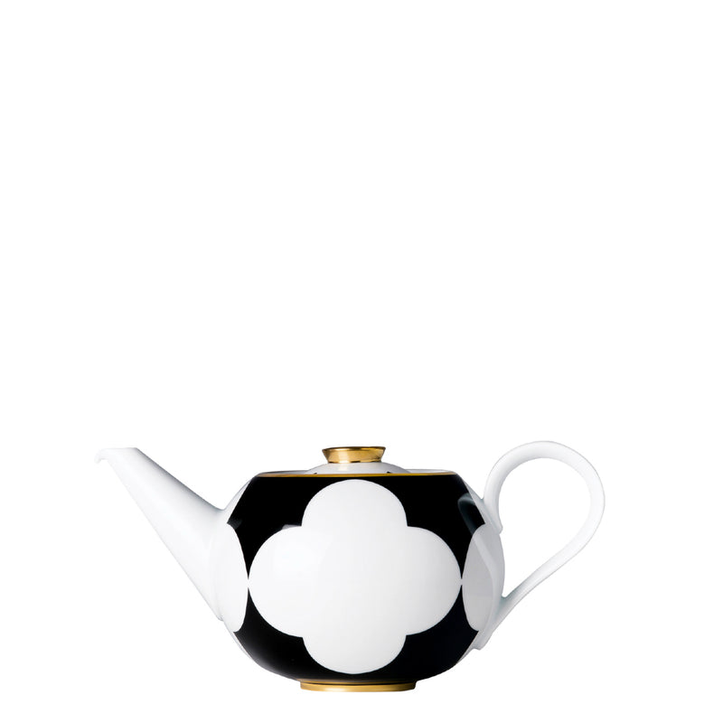 A white, black, and gold 1.2l porcelain teapot with a geometric pattern and a gold finish on the handles and spout cap.