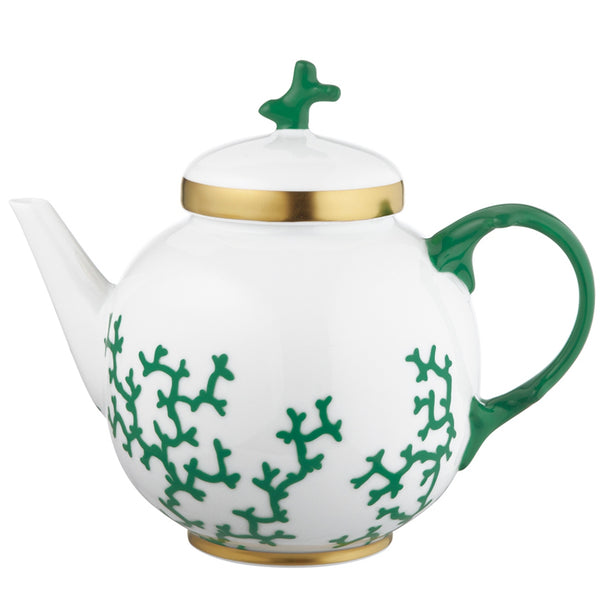 A white porcelain teapot with emerald green and gold detailing, featuring a geometric pattern and a gold-plated handle.