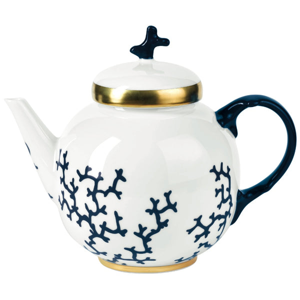 Teapot Cristobal Marine porcelain by Raynaud with marine blue coral motifs, gold accents, and coral-shaped finial