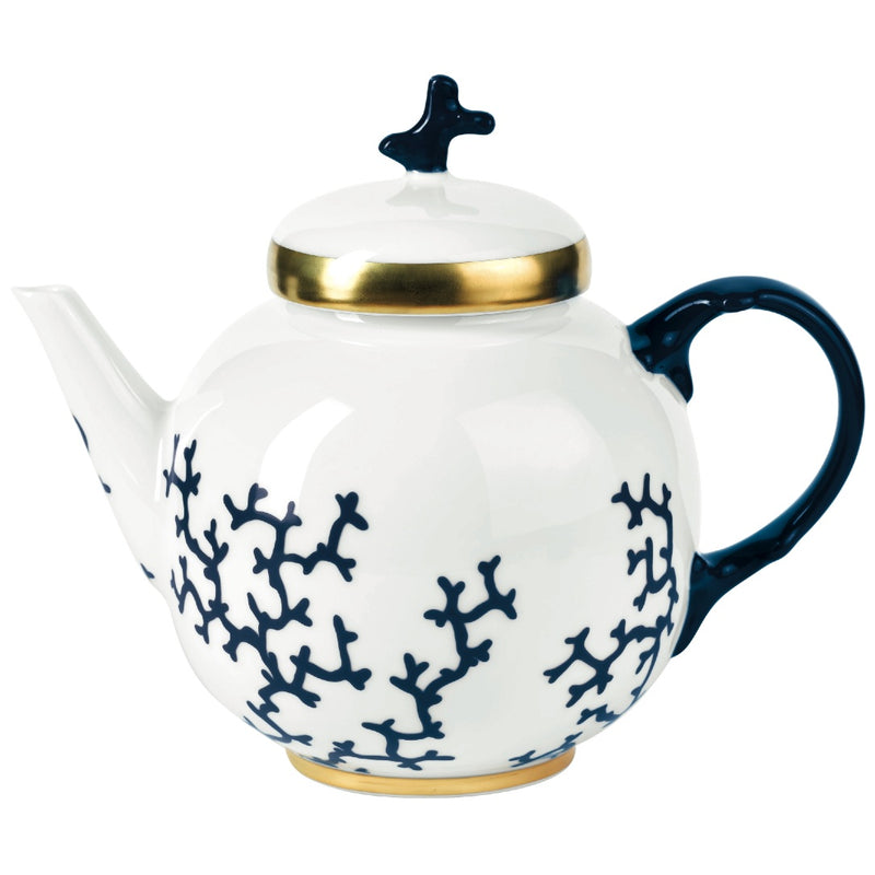 Teapot Cristobal Marine porcelain by Raynaud with marine blue coral motifs, gold accents, and coral-shaped finial