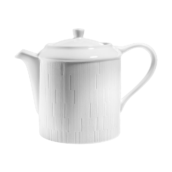 A white porcelain teapot with vertical engraving from the Infini collection.