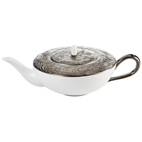 Porcelain teapot with platinum handle, spout, and detailing from the Italian Renaissance Platinum collection by Raynaud.
