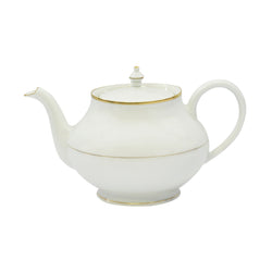 A white porcelain teapot with gold accents, including a gold band around the lid and the base, and a gold handle.