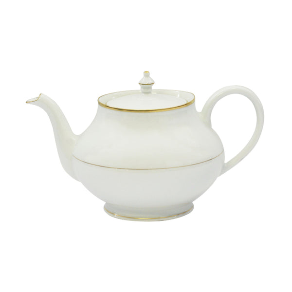 A white porcelain teapot with gold accents, including a gold band around the lid and the base, and a gold handle.