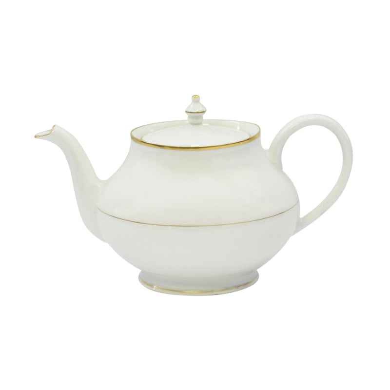 A white porcelain teapot with gold accents, including a gold band around the lid and the base, and a gold handle.