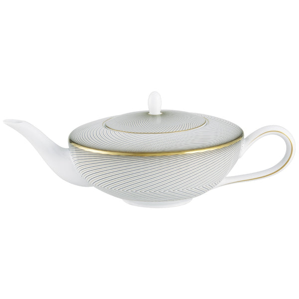 A white, gold, and black geometric patterned Raynaud porcelain tea pot with a lid.