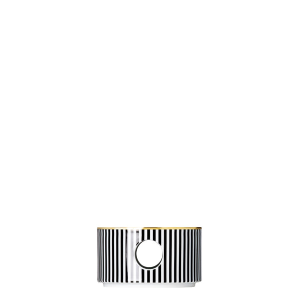 A cylindrical porcelain teapot warmer with a stripe pattern in white and black, featuring a gold or silver finish.