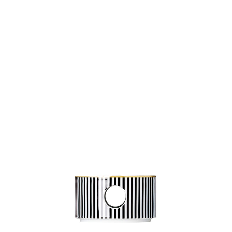 A cylindrical porcelain teapot warmer with a stripe pattern in white and black, featuring a gold or silver finish.