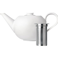 A white porcelain teapot with a silver tea strainer, featuring a relief pattern.
