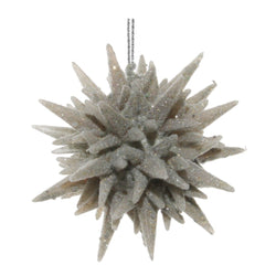 A silver glittering 3D star-shaped Christmas ornament with multiple points and a hanging ribbon.