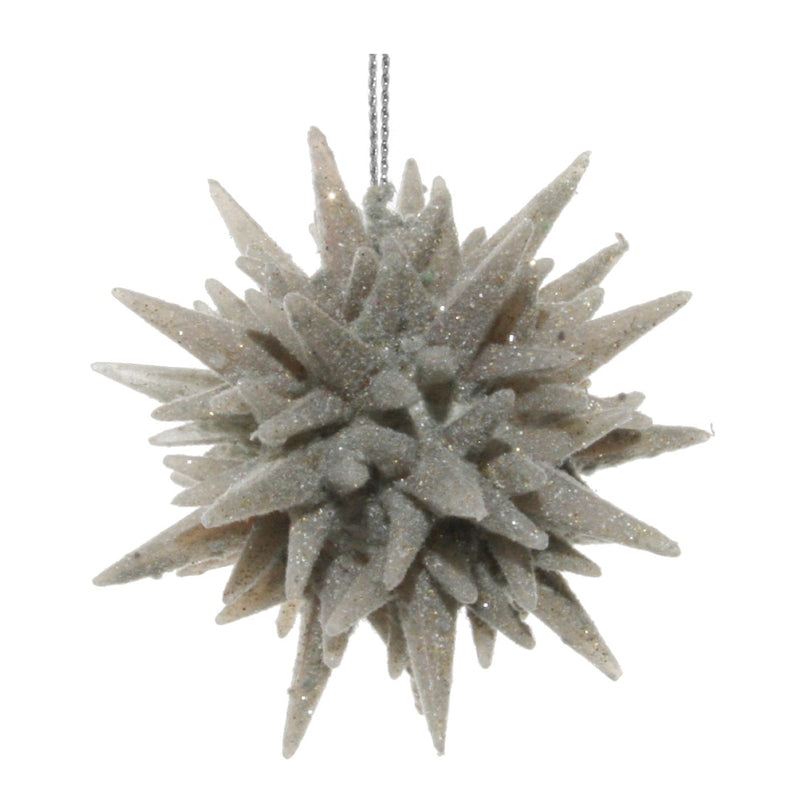 A silver glittering 3D star-shaped Christmas ornament with multiple points and a hanging ribbon.