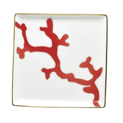 Luxury porcelain trinket tray 11cm Cristobal Rouge red coral motif with gold rim by Raynaud in holster