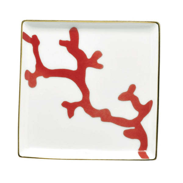 Luxury porcelain trinket tray 11cm Cristobal Rouge red coral motif with gold rim by Raynaud in holster