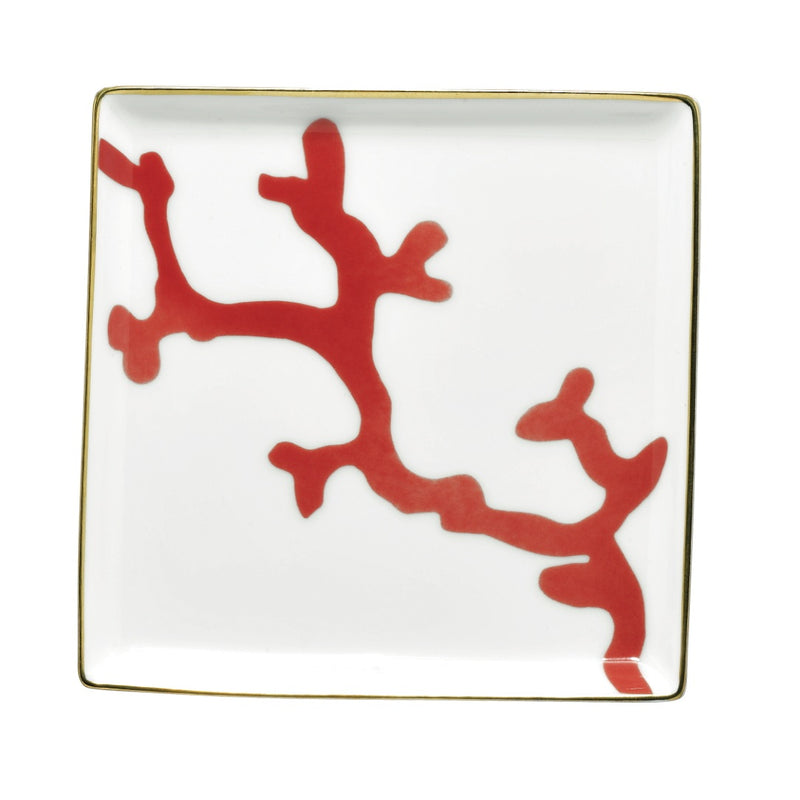 Luxury porcelain trinket tray 11cm Cristobal Rouge red coral motif with gold rim by Raynaud in holster