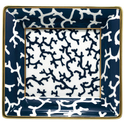 Trinket Tray 17cm in Gift Box Cristobal Marine porcelain by Raynaud with marine blue coral motifs, gold rim, and bold border design