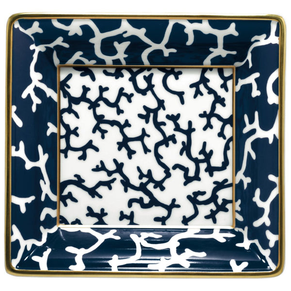 Trinket Tray 17cm in Gift Box Cristobal Marine porcelain by Raynaud with marine blue coral motifs, gold rim, and bold border design