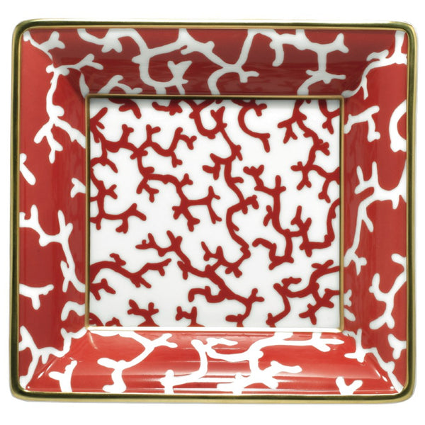 Luxury porcelain trinket tray 17cm Cristobal Rouge red coral motif with gold rim by Raynaud in gift box
