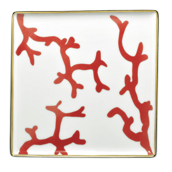 Luxury porcelain trinket tray 18cm Cristobal Rouge red coral motif with gold rim by Raynaud in gift box