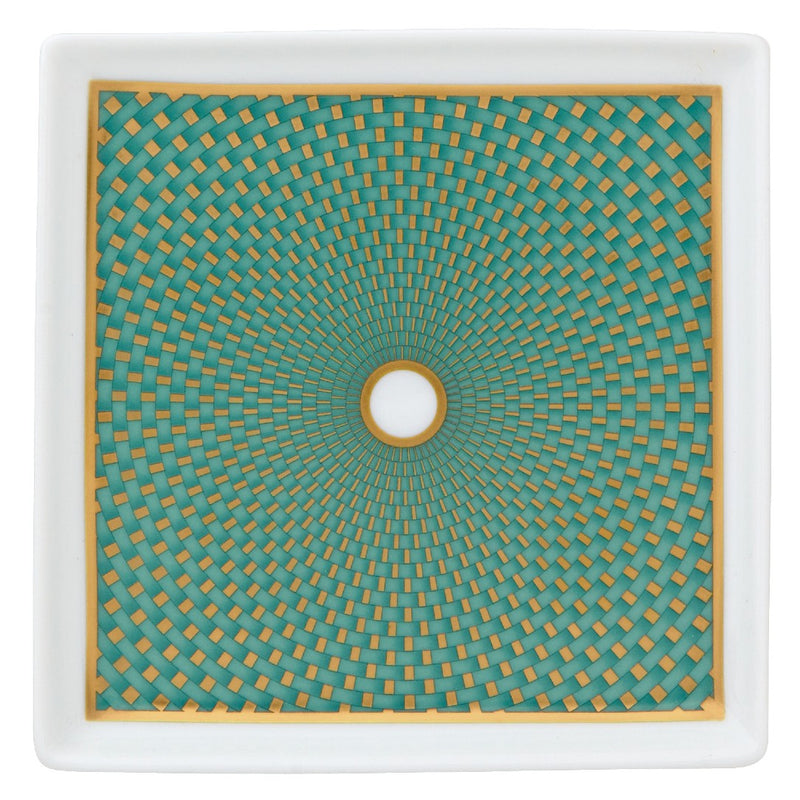 Raynaud Trésor turquoise porcelain trinket tray with gold-accented honeycomb design