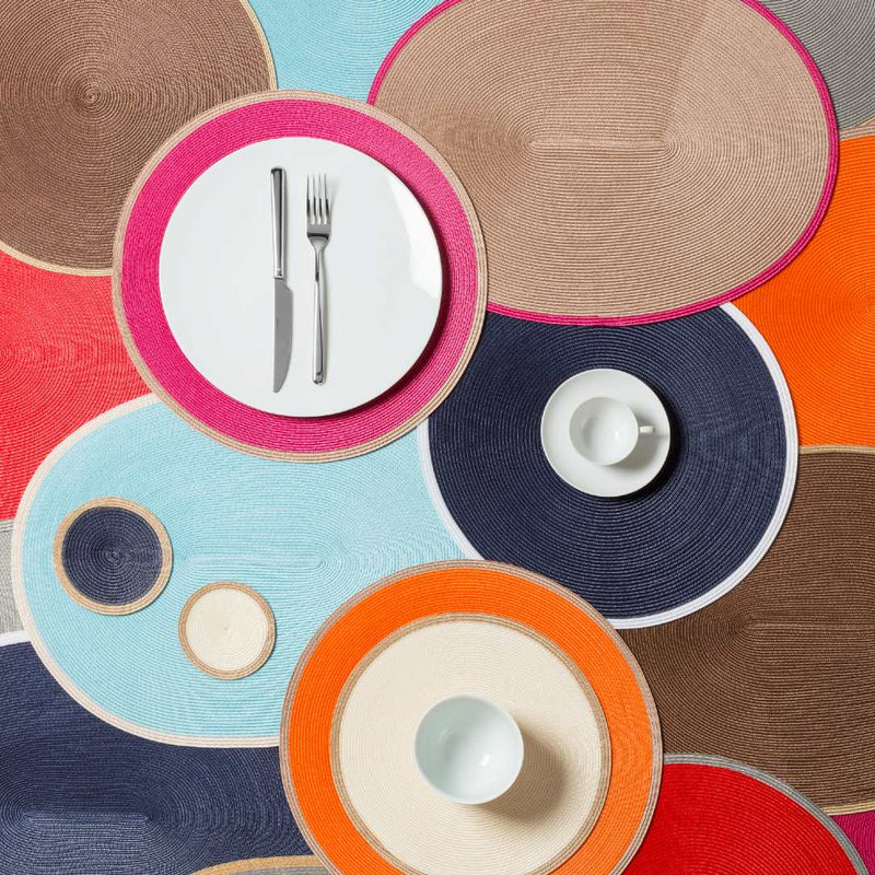 colourful bicolour placemats and coasters made of straw