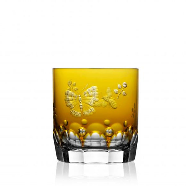 Luxury Double Old Fashioned Tumbler in Amber Crystal with Butterfly and Leaf Engraving – Springtime by Varga Crystal